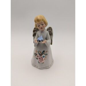 Homco Porcelain Angel Bell Figurine with Blue‎ Bird and Pink Rose Matte Vintage